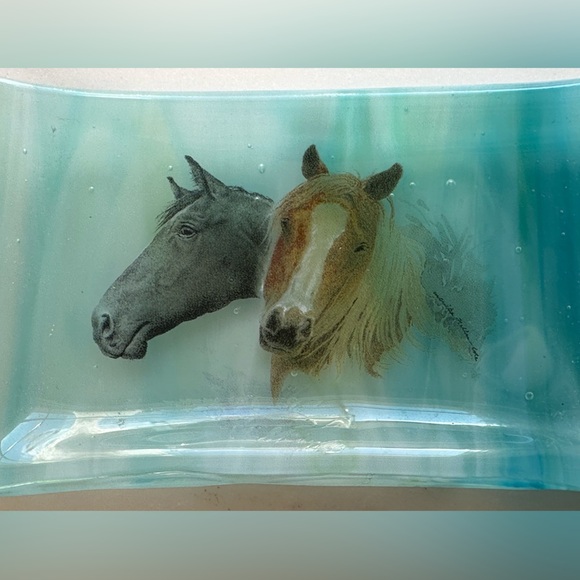 Horse Glass Art Trinket Small Blue Green Tray - Picture 3 of 12